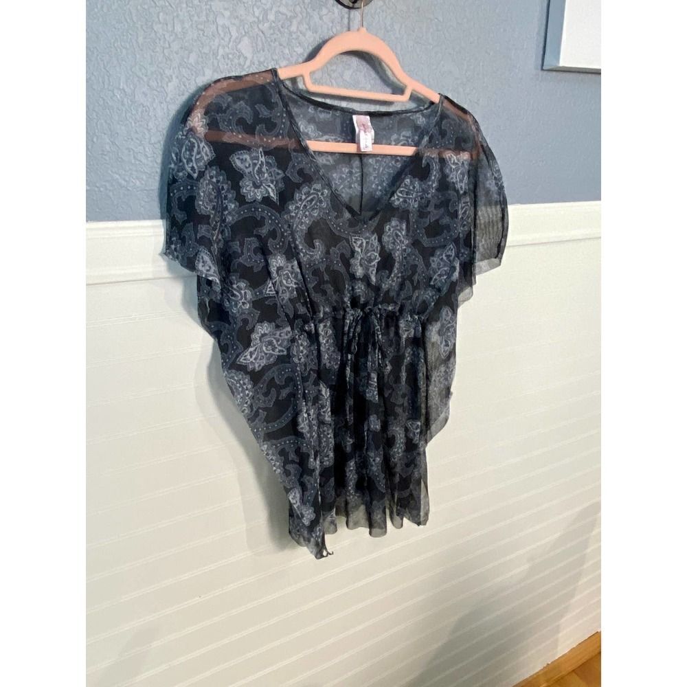 Sweet Pea Black/Gray Dolman Short Sleeve Sheer Tie Waist Blouse Women's OS